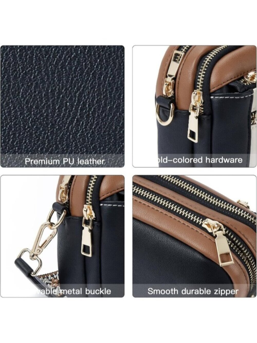 〽️Women's Black Brown Adjustable Wide Strap Vegan Leather Purse Crossbody Bags - Picture 6 of 6